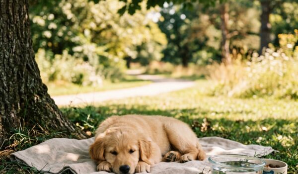 Perro descansando a la sombra bebiendo agua en verano