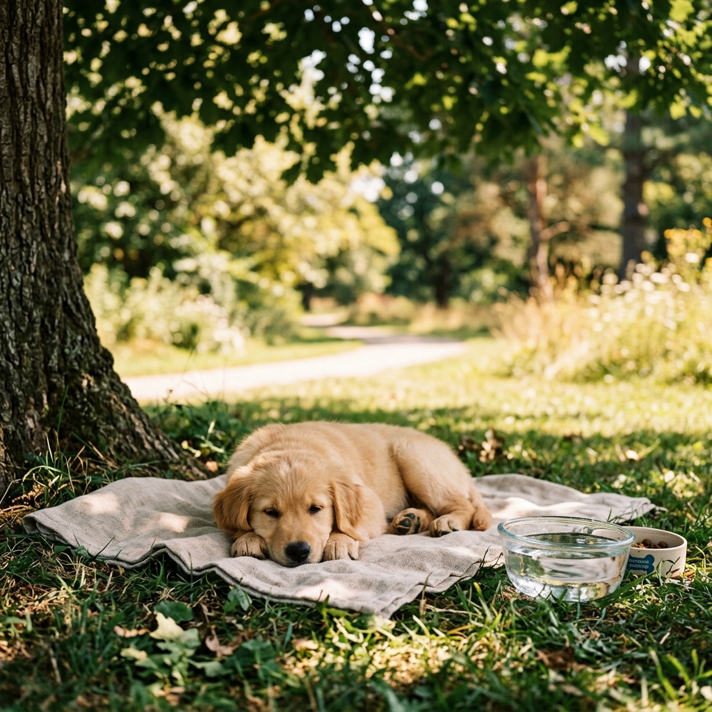 Perro descansando a la sombra bebiendo agua en verano
