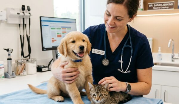 Veterinario aplicando vacunas para perros y gatos en consulta