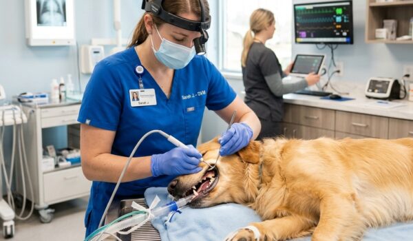 Veterinario realizando una limpieza de boca en perros en Sevilla en consulta