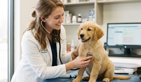 Veterinaria examinando a un cachorro en su primera visita al veterinario