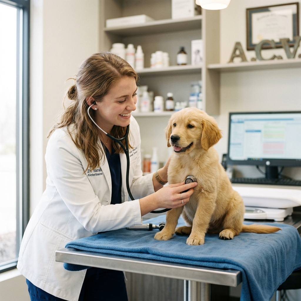 Veterinaria examinando a un cachorro en su primera visita al veterinario