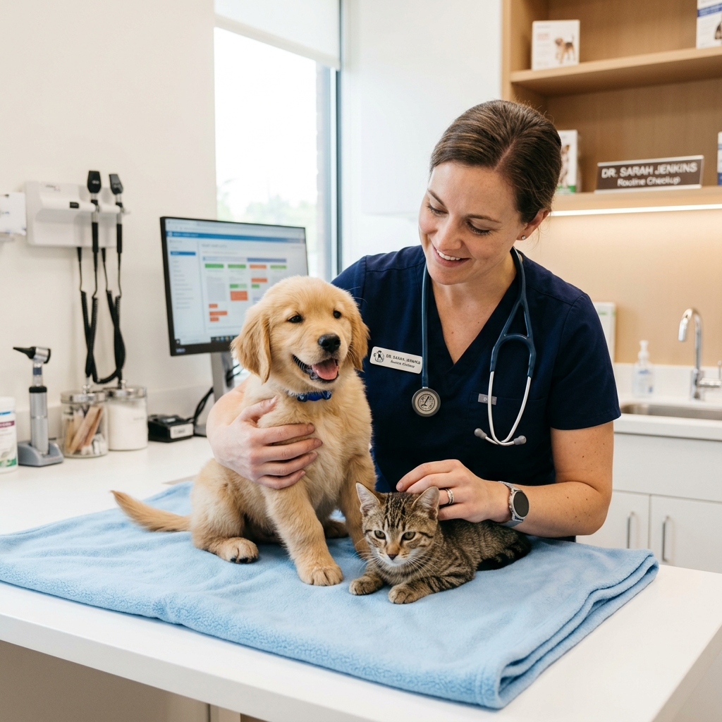 Veterinario aplicando vacunas para perros y gatos en consulta