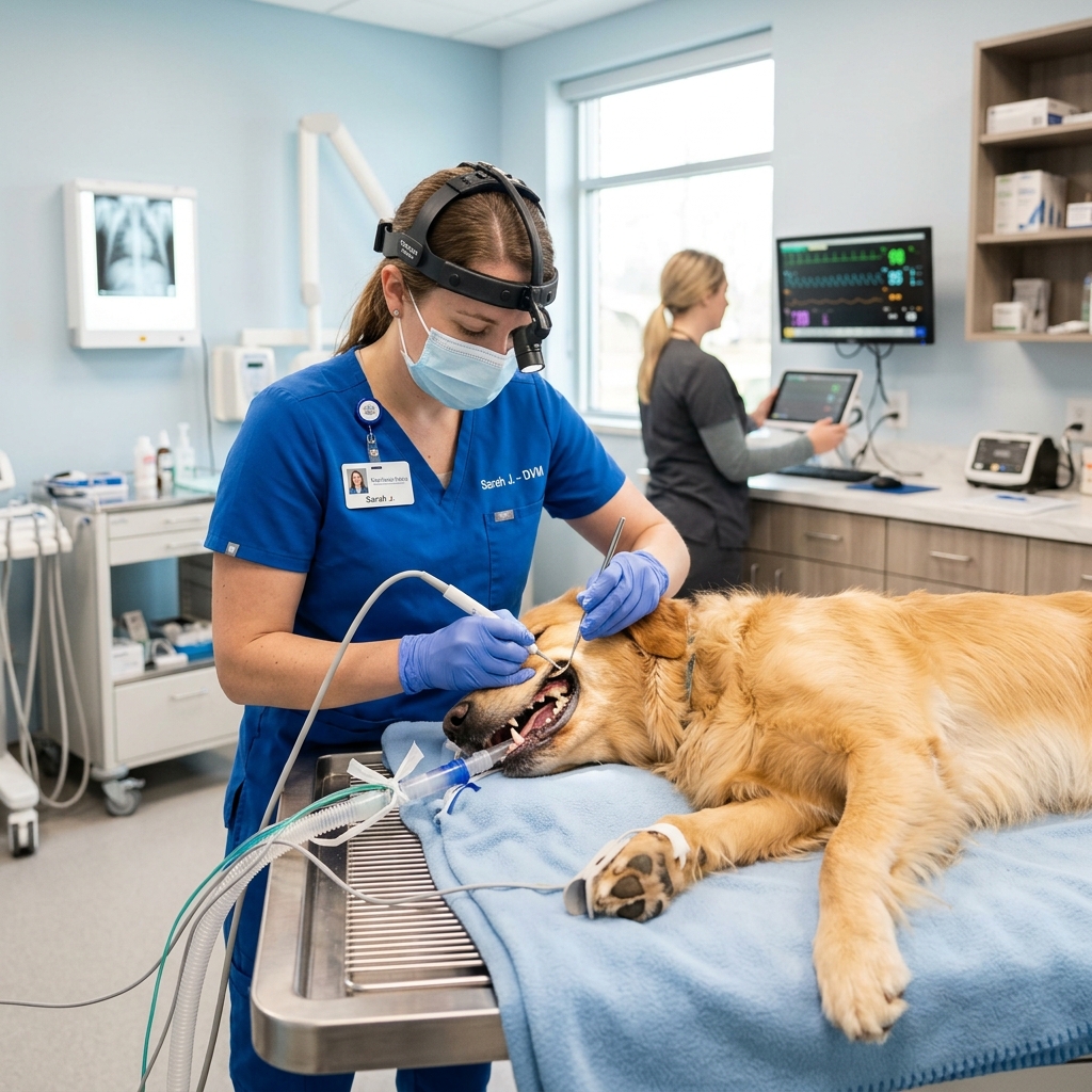 Veterinario realizando una limpieza de boca en perros en Sevilla en consulta